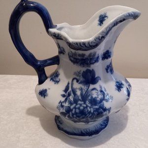 Vintage Canton Hand Painted Porcelin China Blue & White Pitcher
